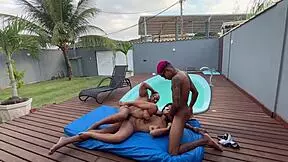 Hot Brunette Babe Goes Wild, Craving To Give Her Big Ass To Two Guys In Public Outdoors.