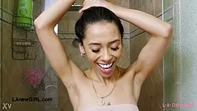 Adorable brunette beauty took a shower