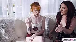 Teen on lesbian foursome with stepmoms, fingering and licking pussy in group fun