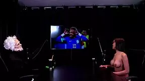 Brunette shows tits, sits on fat guy