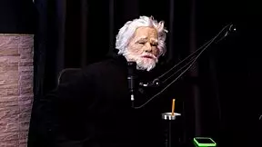 Brunette shows tits, sits on fat guy