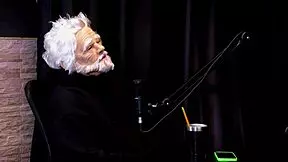 Brunette shows tits, sits on fat guy