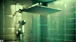 Brunette Model with Long Hair Takes a Shower