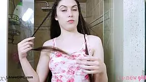 Brunette Model with Long Hair Takes a Shower
