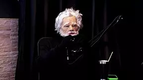 Brunette shows tits, sits on fat guy