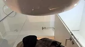 big tits big ass hot blonde babe in pantyhose and high heels with miniskirt does striptease in bathroom