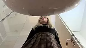 big tits big ass hot blonde babe in pantyhose and high heels with miniskirt does striptease in bathroom