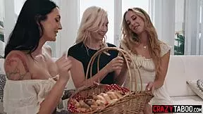 Lesbian couple feels intense pleasure fucking hot teen neighbor in threesome with babes