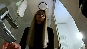 big tits big ass hot blonde babe in pantyhose and high heels with miniskirt does striptease in bathroom