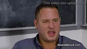 Asian coed bouncing on teachers dick at the class room, so horny
