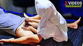 Punishing the boarding house owner for late payment with fingering, handjob, and a messy cumshot