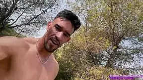 Muscular man naked in the forest. What is he doing? Masturbating!