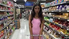Is that cum on her face in the supermarket? Watch the outdoor blowjob tease unfold
