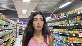 Is that cum on her face in the supermarket? Watch the outdoor blowjob tease unfold