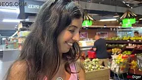 Is that cum on her face in the supermarket? Watch the outdoor blowjob tease unfold