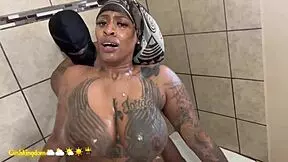 sexy thick cuban shows off her tattoos then gets fucked in the shower doggy style
