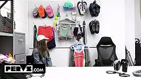 Busty teen Penelope Kay caught shoplifting, pays with rough anal in backroom