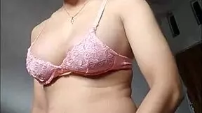 shemale mitha waria masturbates to cum in pink bra stocking