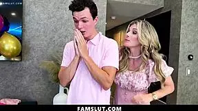 Stepmom and stepsis help stepbro with blowjob threesome transition