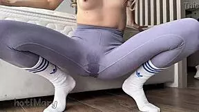 multiple squirt orgasms while squatting in tight leggings without panties