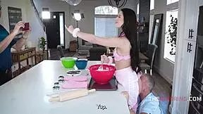 teen brunette petite girl gets freeused while baking, her bottom shaking ignored
