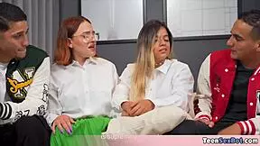 CUTE GEEK TEEN GETS ROUGH FUCKED BY TWO LATIN ALPHAS IN SCHOOL CORRIDOR!