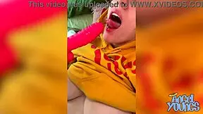 Busty blonde angel young makes her pussy cum hard with that dragon tail dildo.