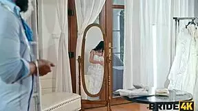 Sexy skinny brunette bride gives her young body to wedding salon owner with huge dick