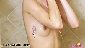 Skinny blonde took a shower after the photoshoot