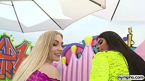 Nympho Emma and Katya intensely share a massive hard cock.