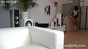 Gorgeous curvy European teen masturbates with big dildo in close up