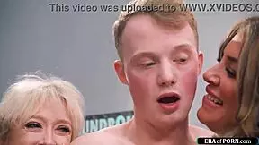 guy fucks busty milfs in laundry room. interracial gangbang with ebony and latina matures