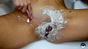 Unshaven pussy shaving close up pov