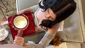 Super hot brunette babe gets dick to play and cum for christmas