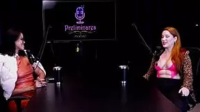 Redhead gets naked and shows huge tits after interview by naked presenter