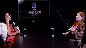 Redhead gets naked and shows huge tits after interview by naked presenter