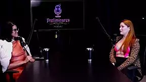 Redhead gets naked and shows huge tits after interview by naked presenter