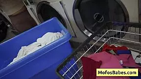 horny teen brunette sucks cock in public laundry