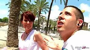 Skinny redhead mature picked up by young guy for anal at beach.