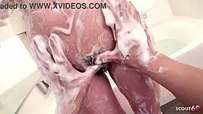 Asian wife gives intense blowjob in bathtub