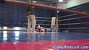 Busty babe fingers cute teen after wrestling