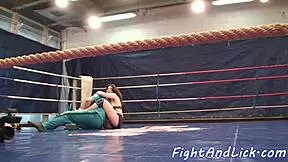 Busty babe fingers cute teen after wrestling