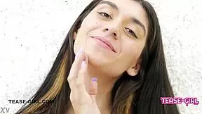 pretty brunette teen gets cum massage on sofa during casting