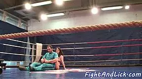 Busty babe fingers cute teen after wrestling