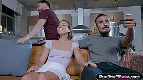 stepbro asks, 'can i finger you here next to your boyfriend?' as stepsis moans in pleasure.