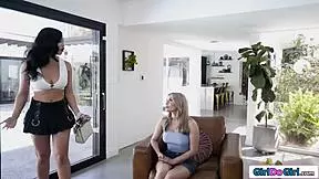 Busty Asian rough fucks her big tits GF with strapon 😈