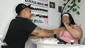 While my manicurist fixes my nails, I touch her huge tits and wet pussy under the table - part 1