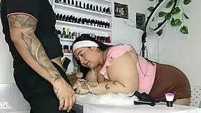 While my manicurist fixes my nails, I touch her huge tits and wet pussy under the table - part 1