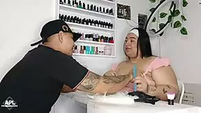 While my manicurist fixes my nails, I touch her huge tits and wet pussy under the table - part 1