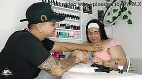 While my manicurist fixes my nails, I touch her huge tits and wet pussy under the table - part 1
